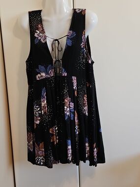 Free People Lovely DAY Black Floral Tie-Front Mini Dress
